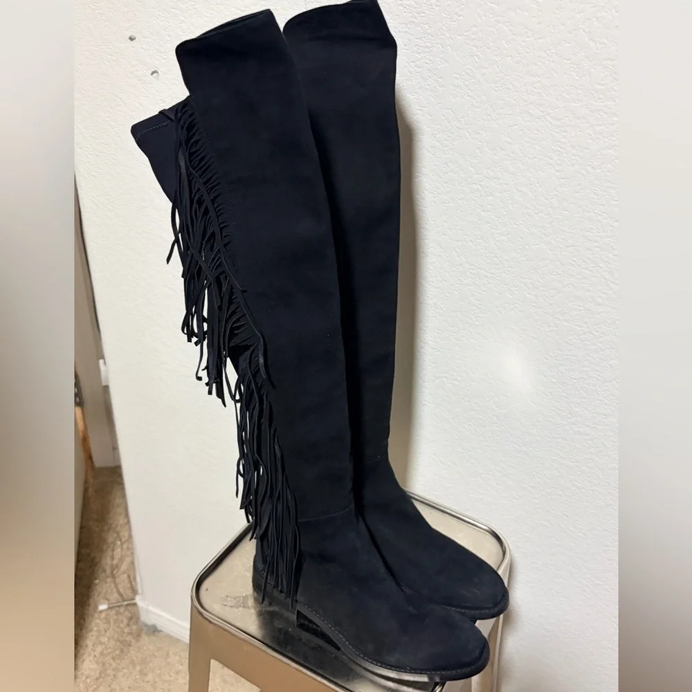 Lavorazione Artigiana Made in Italy Black Suede Over the Knee Fringe Boots 8